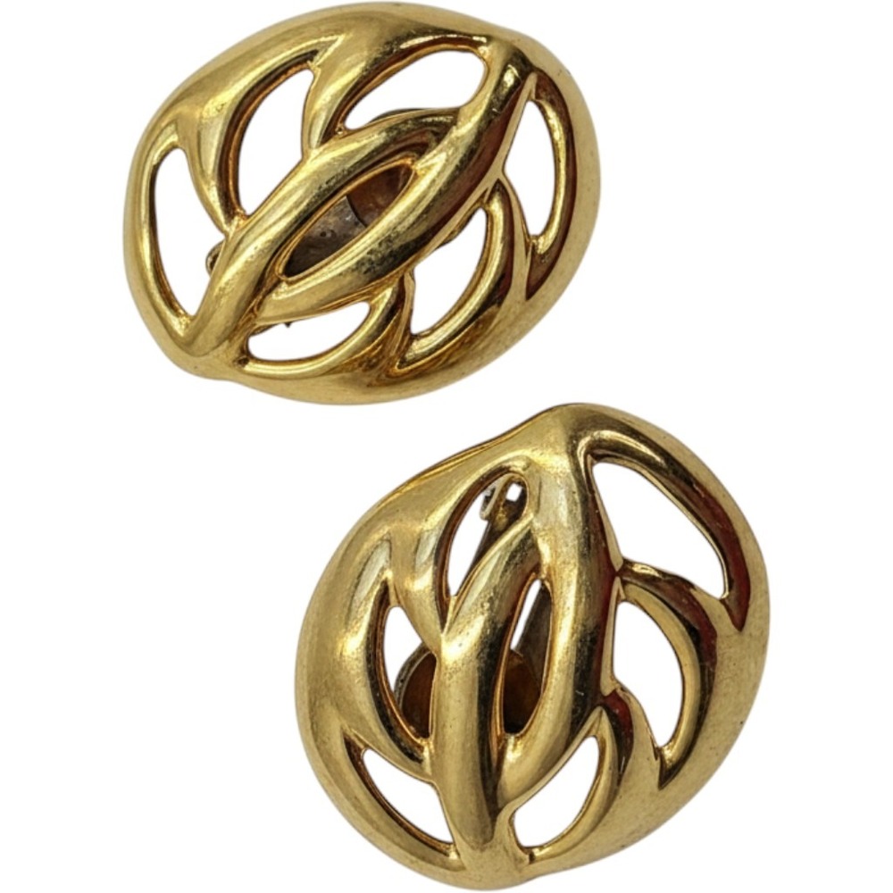 Vintage Gold Tone Abstract Openwork Oval Clip On Earrings Statement Jewelry